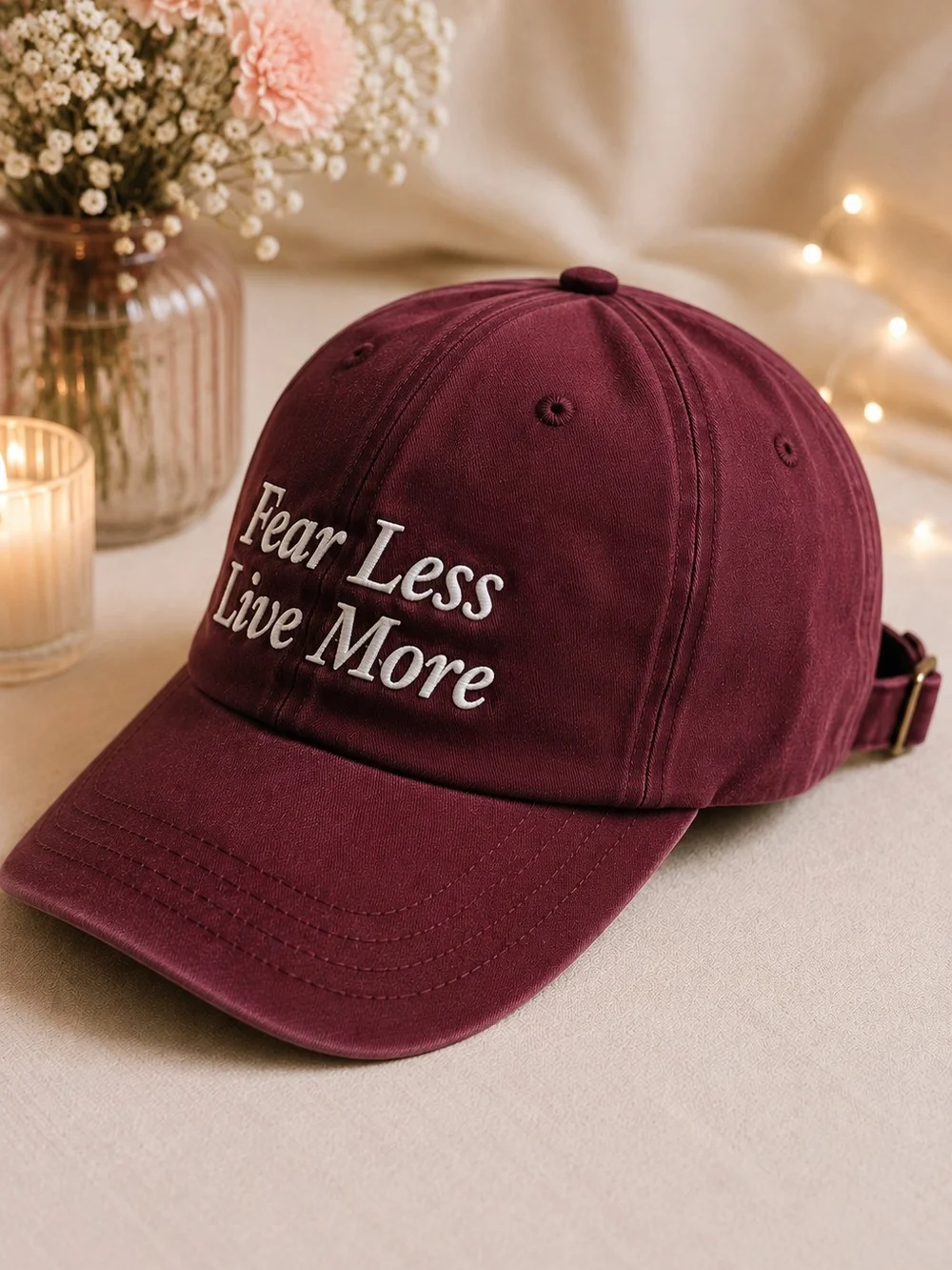 'Fear Less Live More' Baseball Embroided Cap in Deep Burgundy